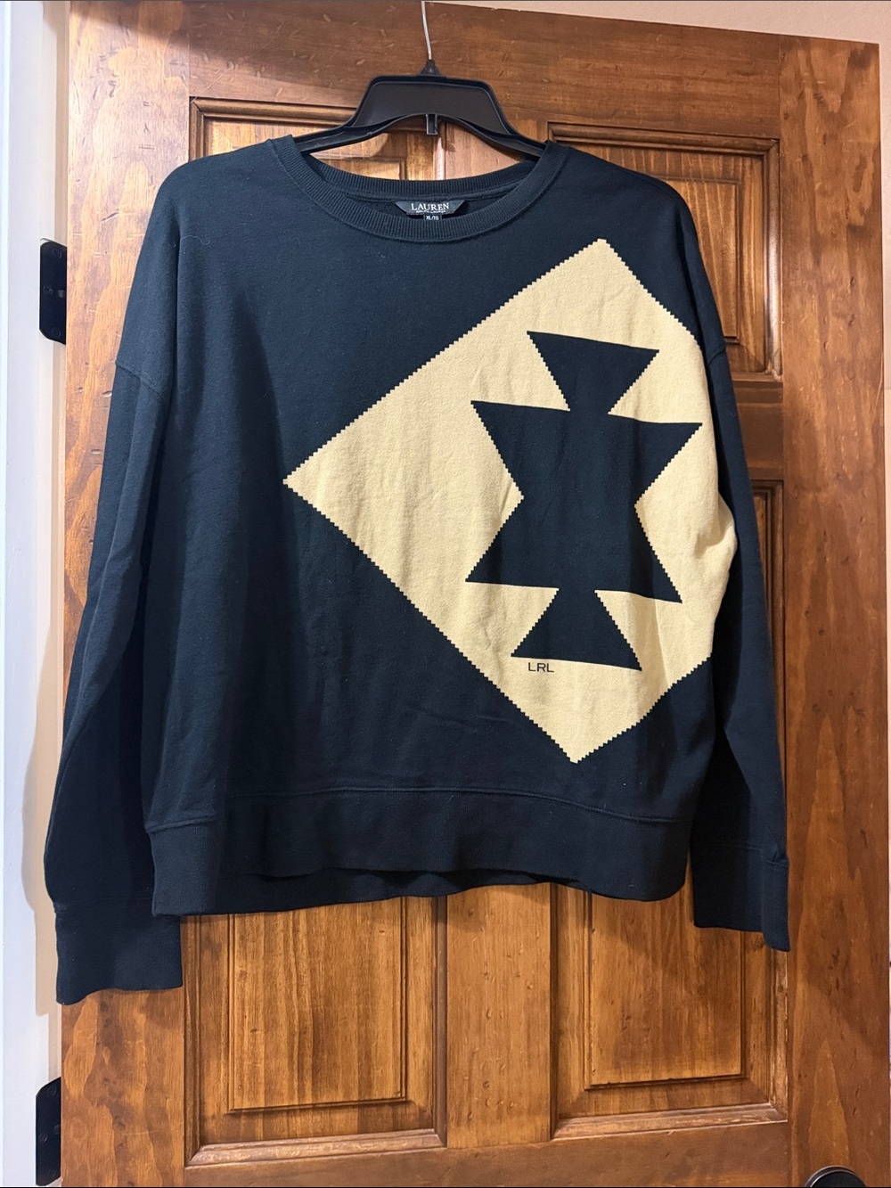 Lauren Ralph Lauren Black Crewneck Sweater with Cream Geometric Panel
